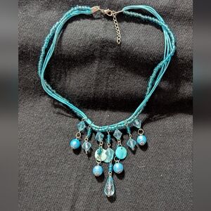 Silver Tone Aqua Blue Beaded Bib Style Statement Necklace